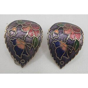 Vintage Enamel Cloisonné Butterfly & Flower Colorful Clip‎ On Earrings